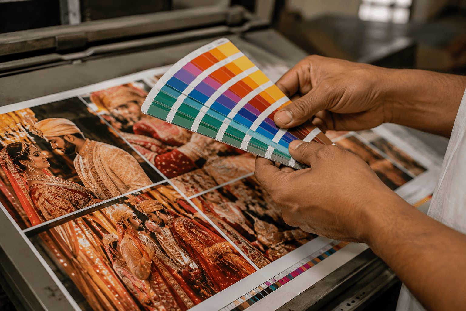 Colour swatches held against a proof sheet