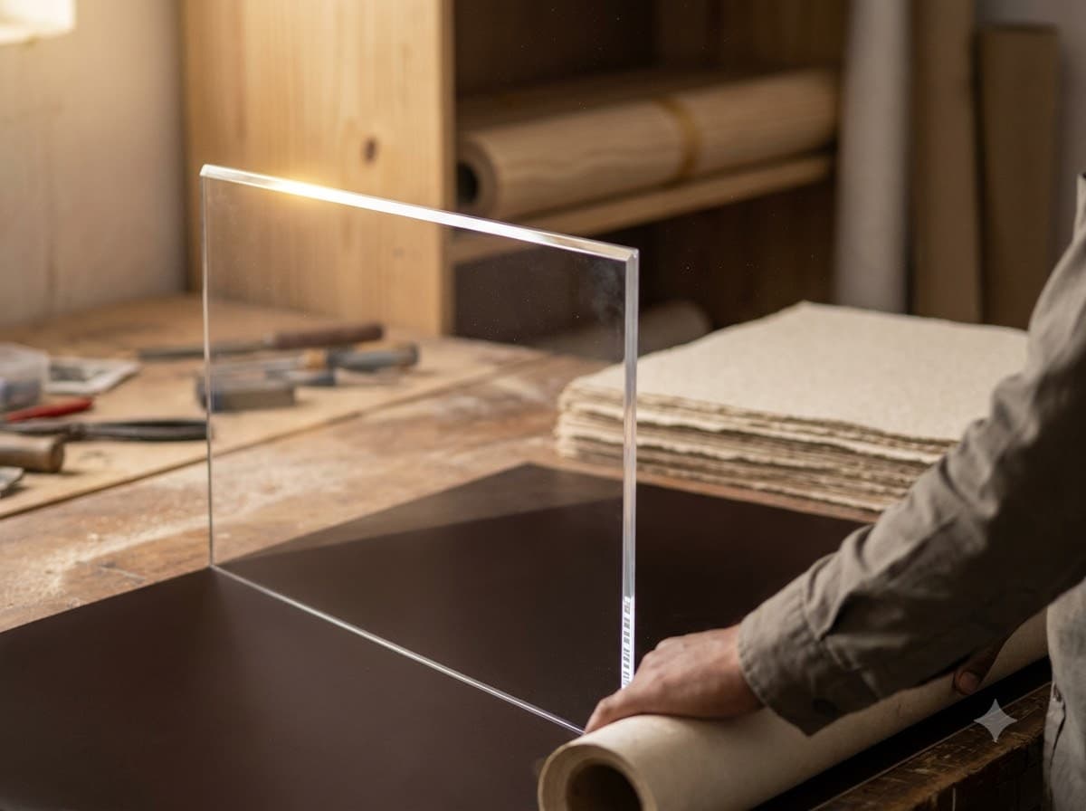 An acrylic panel catching light along its polished edge