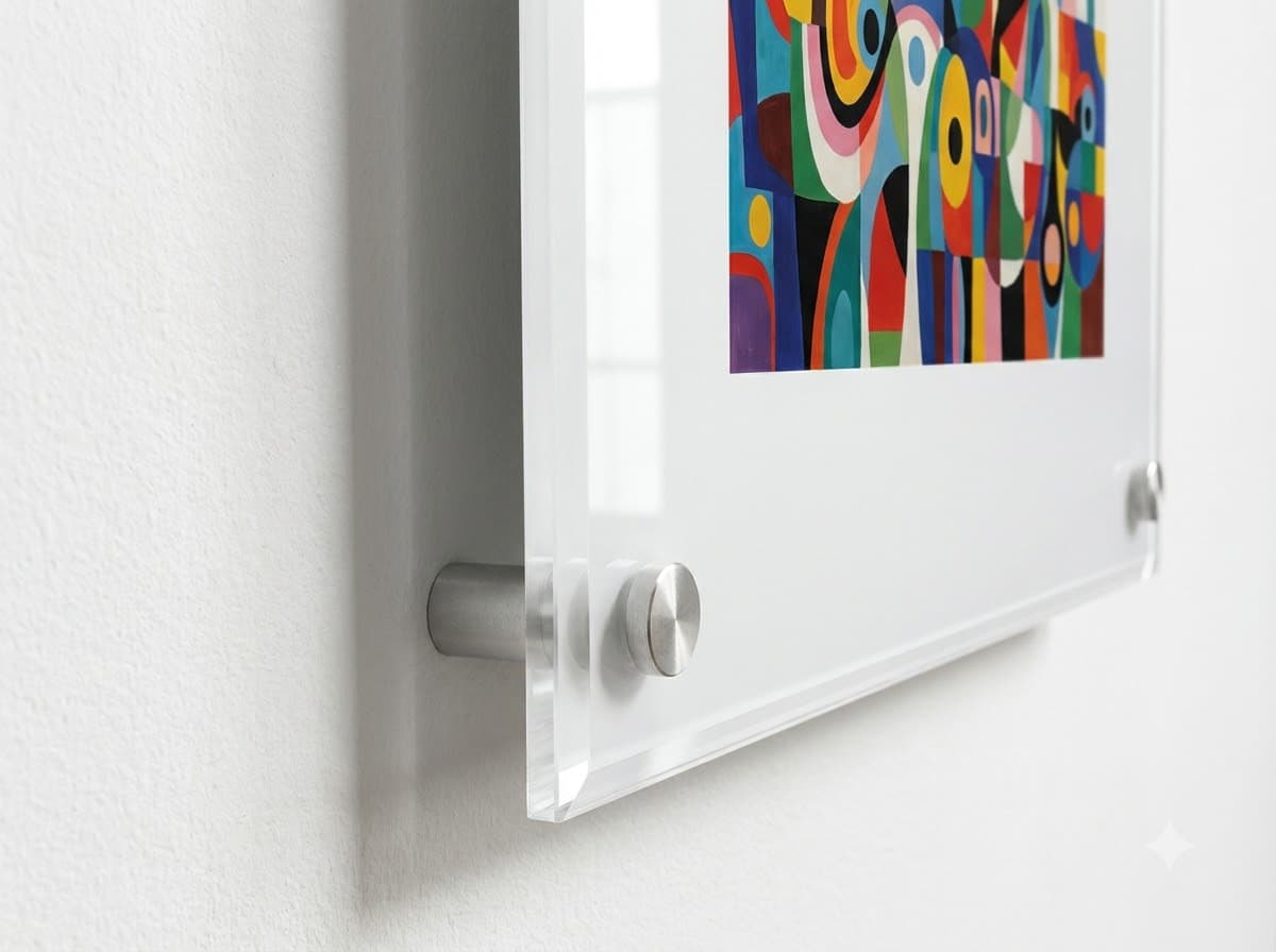 An acrylic panel float-mounted on standoffs