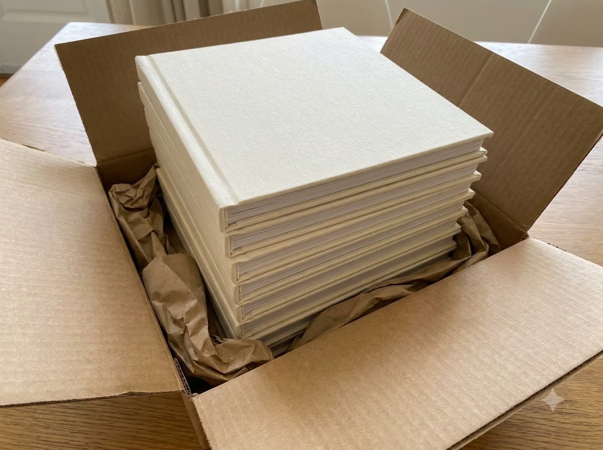 A layflat photobook stack, boxed for despatch